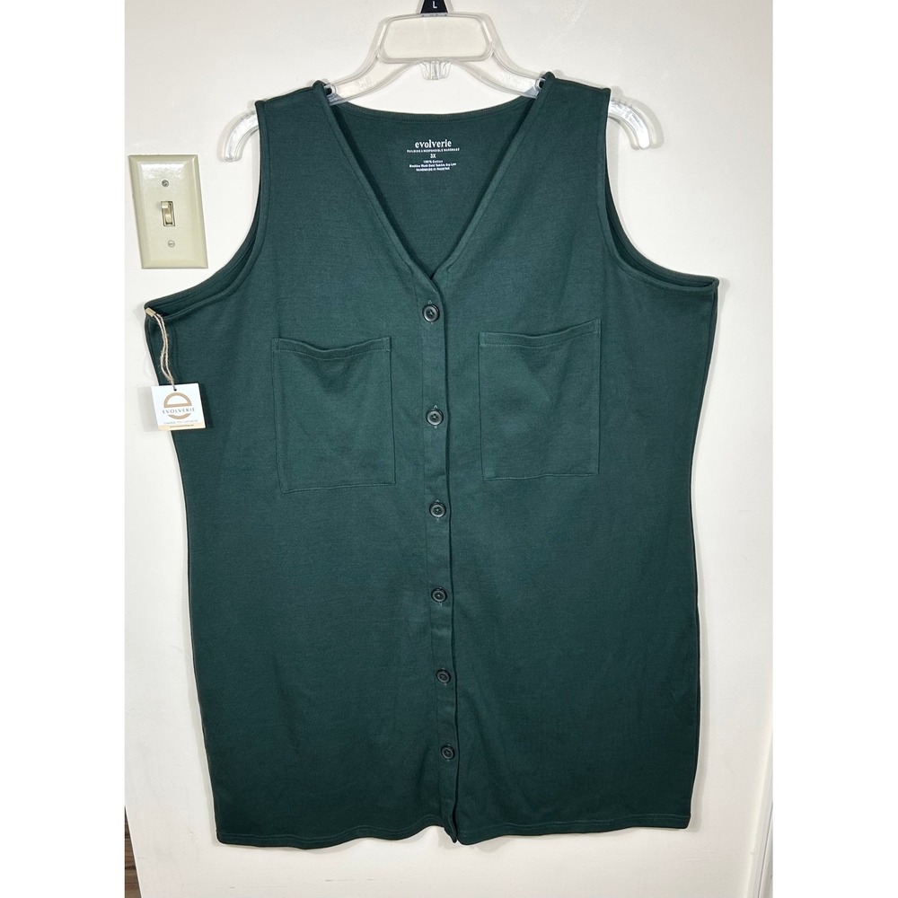Evolverie Annie Button Front Dress‎ 3X Emerald Green Cotton Ethical Sustainable